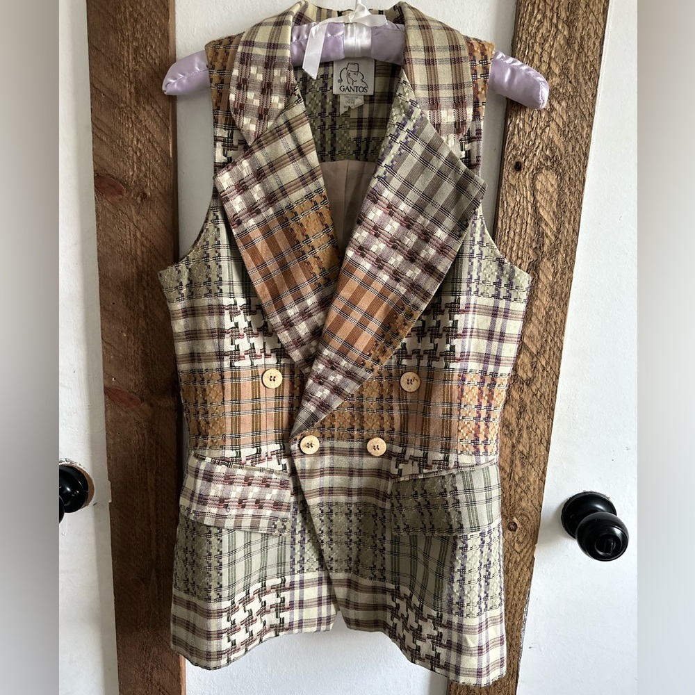 Gantos Women's Patchwork Plaid Double-Breasted Vest in Olive & Tan - Picture 2 of 13